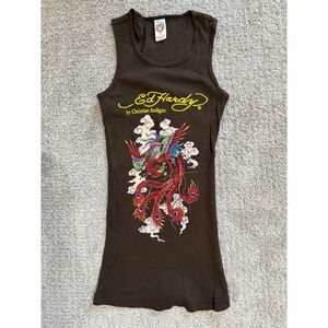 Ed Hardy Christian Audigier Brown Phoenix Graphic Ribbed Tank Top Y2K One Size